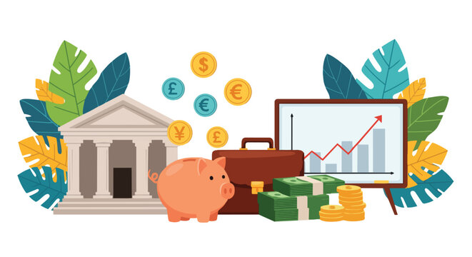 Vibrant illustration of a piggy bank, bank building, money, and stock market graph, concept for financial planning, investment strategies, and economic growth.