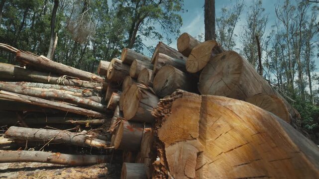 Logging industry piles of sawn eucalyptus trunks