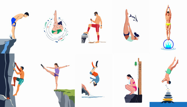Collection of diverse illustrations featuring people participating in extreme water sports, cliff jumping, and rock climbing activities in a modern flat design.