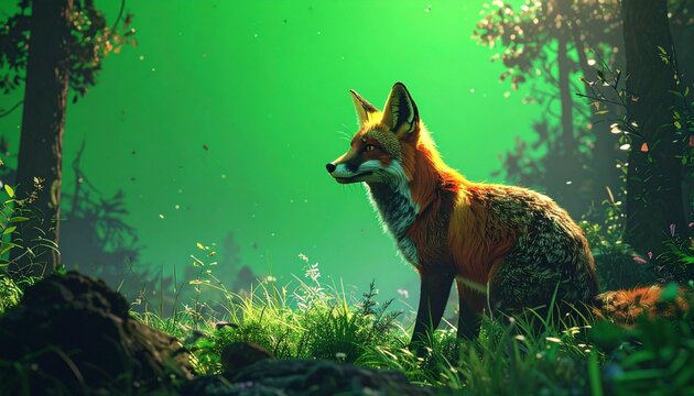 Fox in a Lush Green Forest - A Captivating Wildlife Scene.