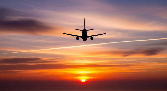 Airplane silhouette flying across a vibrant sunset sky with contrails