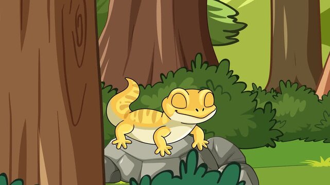 Cartoon gecko lizard sitting on rock in forest at night with moon and mountains background motion graphic.