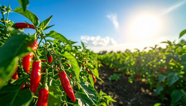 Red chili peppers growing in sunlight