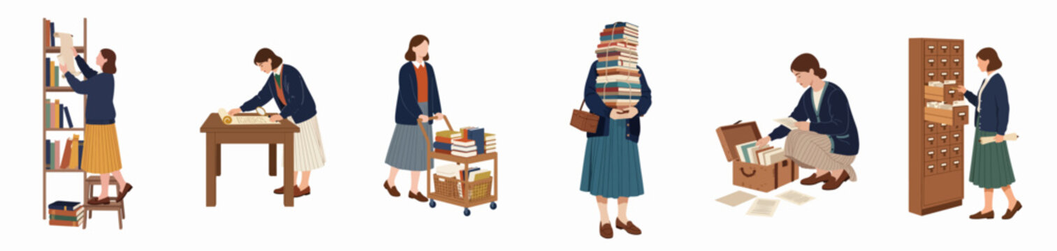 A series of illustrations showing a librarian or archivist organizing books, scrolls, and documents in various library and research activities.