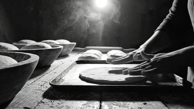 Artistic Black and White Bakery Scene: A Baker Preparing Dough for Baking in Dimly Lit Kitchen
