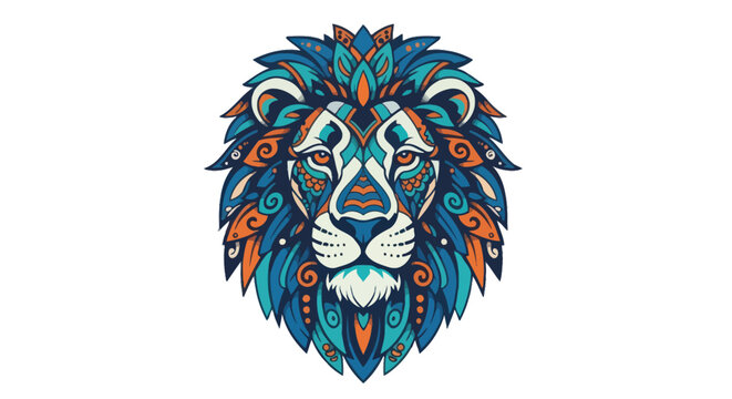 Ornate colorful lion head illustration with tribal mandala patterns on white background
