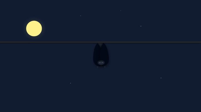 Minimalist Flat Design Animated Cute Bat Hanging Upside Down Under Moonlight Animation.