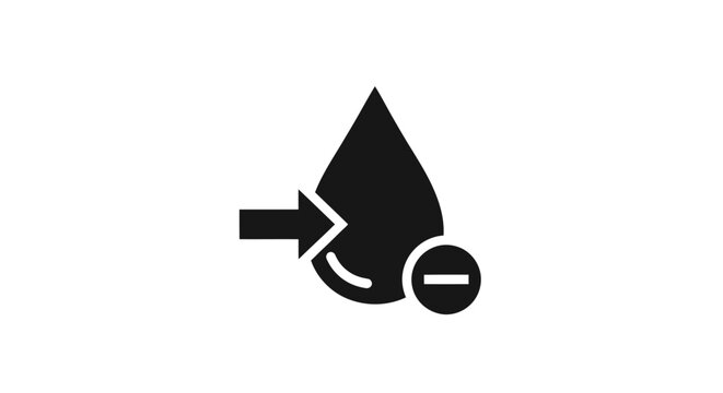 Black water drop icon with arrow and minus sign for water reduction concepts.