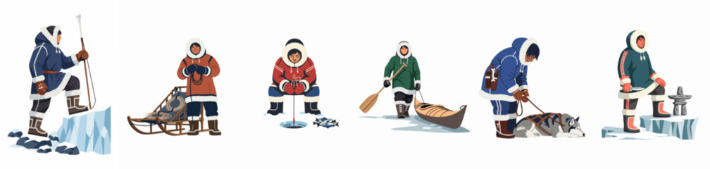 Collection of Inuit characters in traditional clothing performing various activities like ice fishing, dog sledding, and kayaking in the Arctic. © Pat