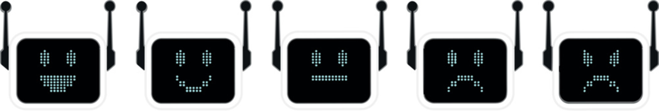 Retro Robot Face Pixel Emoji Vector Set with Digital Expressions Happy Sad Angry and Cute Tech Icons for Futuristic Design