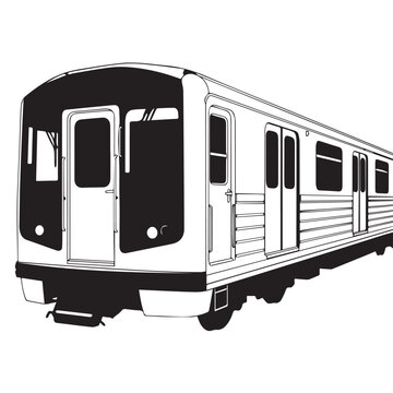 Black and white illustration of a modern train car on rails.