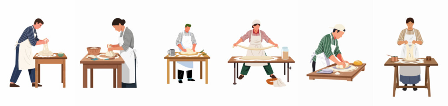 Flat vector illustration set of diverse bakers and pastry chefs kneading and preparing fresh dough on wooden tables for artisanal bread making.