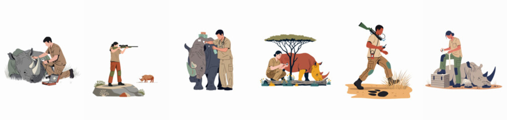 Wildlife conservationists and veterinarians working to protect and care for rhinoceroses in the wild, including medical treatment, patrolling, and monitoring endangered species. © Pat
