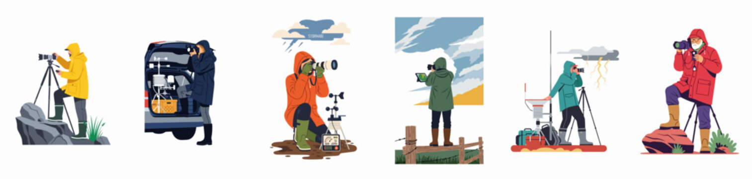 Set of illustrations depicting storm chasers and weather photographers using specialized equipment and cameras to capture extreme weather phenomena in different outdoor environments.