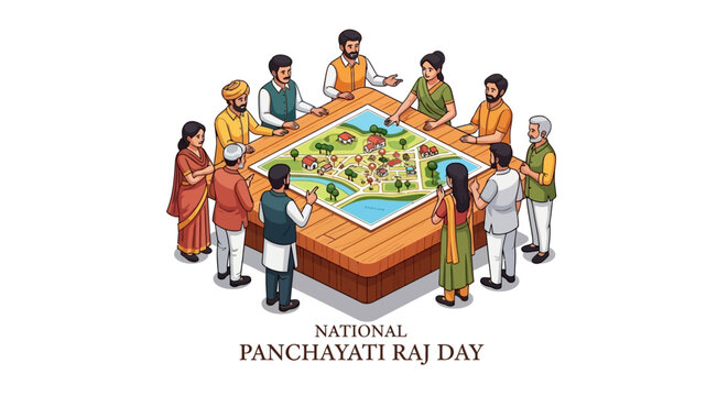Isometric illustration featuring a diverse group of people gathered around a table, examining a detailed map of a village, symbolizing local governance and celebrating National Panchayati