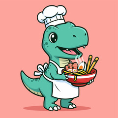 Cute Cartoon Dinosaur Chef Holding a Bowl of Ramen Noodles. © Arviz