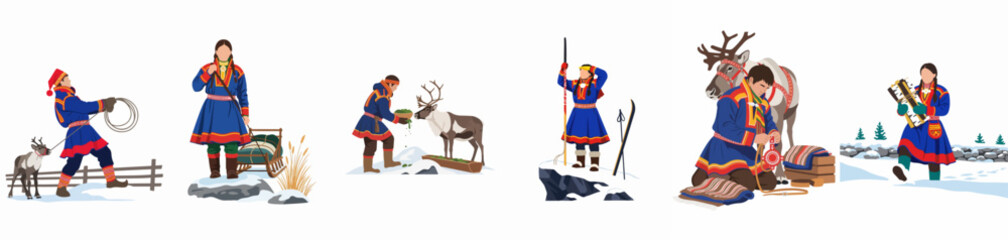 Set of illustrations depicting Sami people in traditional Gakti engaged in cultural activities like reindeer herding, sledding, and skiing in the snowy Arctic winter. © Pat