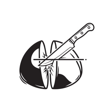 Stylized black and white illustration of a steak being sliced with a kitchen knife by a butchered cut.