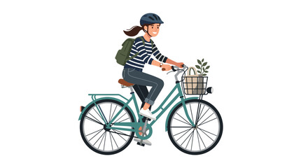 Fototapeta premium Woman riding bicycle with backpack and basket
