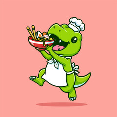Obraz premium Cute Cartoon Dinosaur Chef Serving Delicious Ramen Noodles.