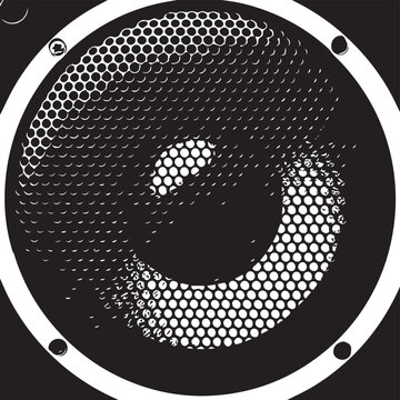 Close up of a circular speaker grill with perforated metal mesh and mounting screws.