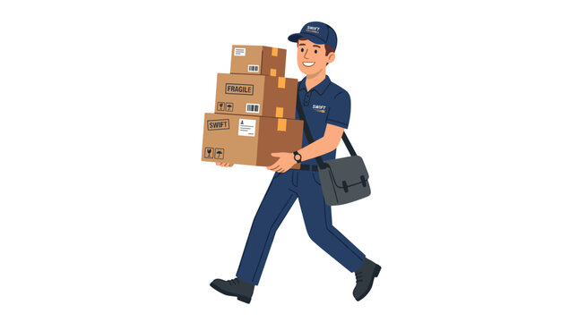 Smiling delivery man carrying stack of packages outdoors