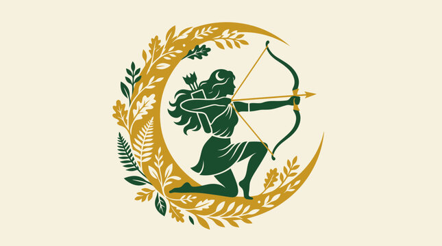 Goddess Artemis Archer Vector Illustration, Mythological Female Hunter with Bow and Arrow inside Floral Crescent Moon, Elegant Greek Mythology Design Isolated on Beige Background.
