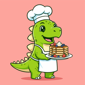 Cute Cartoon Dinosaur Chef Holding Delicious Pancakes.
