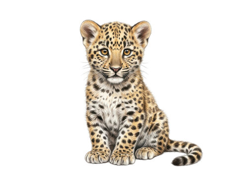 A cute leopard cub sitting and looking forward on a white background