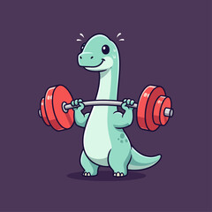Cute cartoon dinosaur happily lifting heavy barbell weights with a cheerful expression. © Arviz