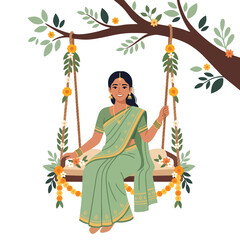 Smiling Indian woman sitting on a beautifully decorated swing hanging from a tree branch © Arfian
