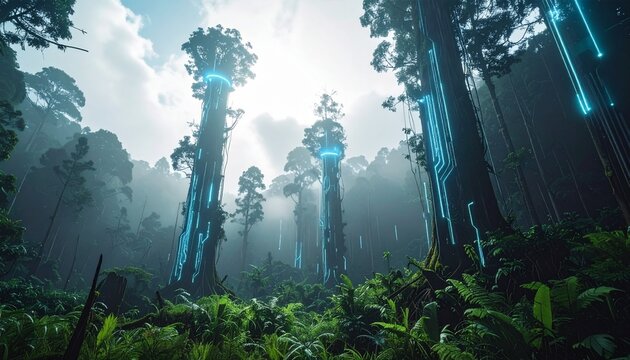 森の木々が光るデータ通信アンテナになっている超現実的な風景