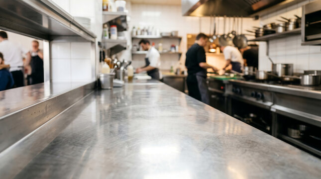 A bustling professional restaurant kitchen interior with chefs cooking