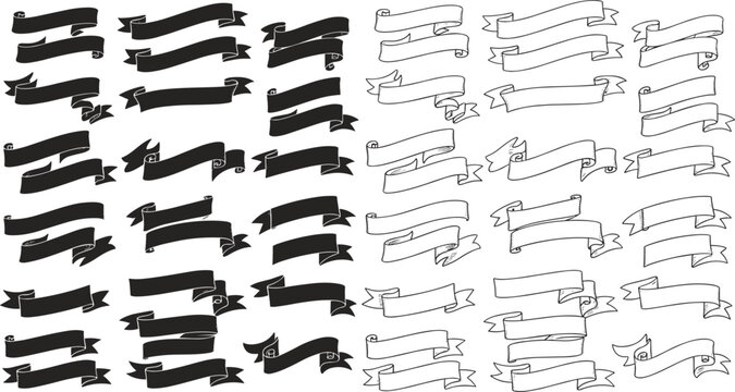 Hand Drawn Vintage Ribbon Banner Set Featuring Black Silhouette and Outline Sketch Scrolls for Retro Labels Decorative Frames and Wedding Invitation Design Vector Illustration