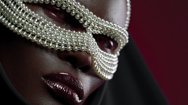 African woman wearing elegant pearl mask with bold red lips and striking dark eyes, embodying mystery and exclusivity