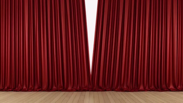 Red stage curtains draped elegantly over a wooden floor showing a theatrical opening for a performance event or a grand presentation inside a professional auditorium venue space