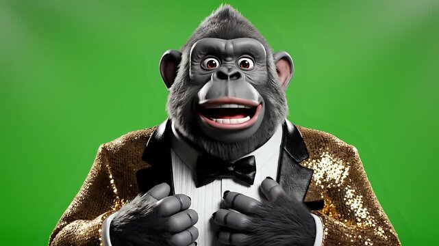 Animated Gorilla in Tuxedo and Sequined Jacket Celebrates.