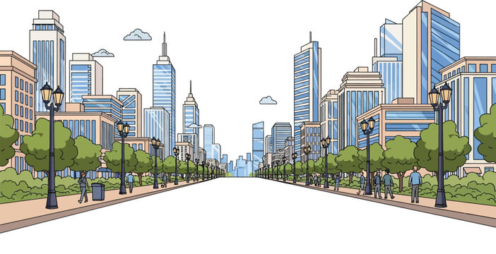 City Street with Modern Skyscrapers Ahead.