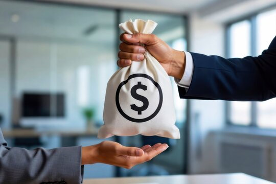 A close-up shot of two people exchanging a white cloth money bag with a prominent dollar sign, symbolizing a financial transaction or payment.