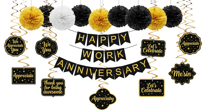 Black gold white hanging pom poms and banners celebrating work anniversary