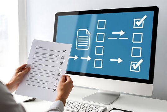 Person checking off tasks on a checklist while looking at a computer screen