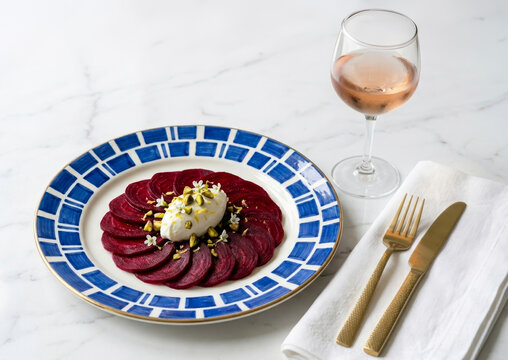 Carpaccio of lard with cream cheese, pistachio, and a glass of ros&eacute; wine on a marble table