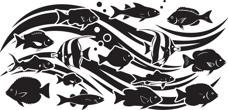 School of Fish Swimming in Ocean Currents Silhouette