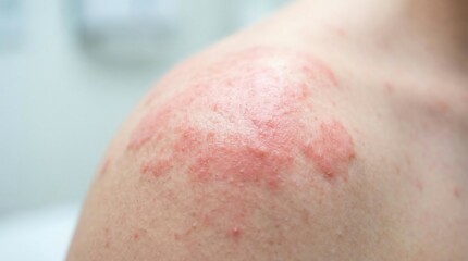 Fototapeta premium Urticaria Rash on Human Shoulder Demonstrating Red Inflamed Skin Allergic Reaction Close Up
