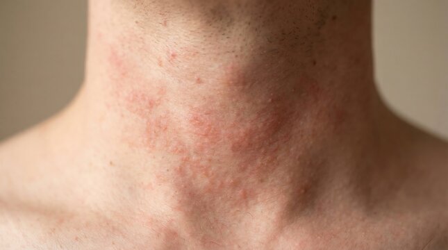 Skin Rash Showing Red Inflamed Bumps and Patches on a Persons Neck Due to an Allergic Reaction or Irritation