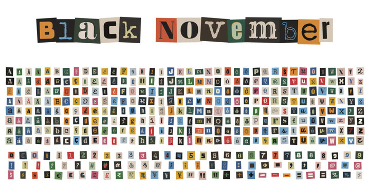 Alfabeto de recortes estilo nota de resgate para marketing de Black November e ofertas criativas