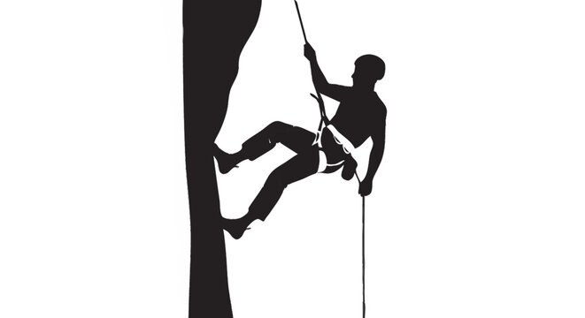 Rock climber rappelling vertical cliff silhouette, mountain extreme sport descent vector isolated on white background