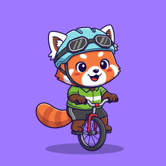 Cute cartoon red panda riding a small bicycle wearing a helmet and goggles. © Arviz