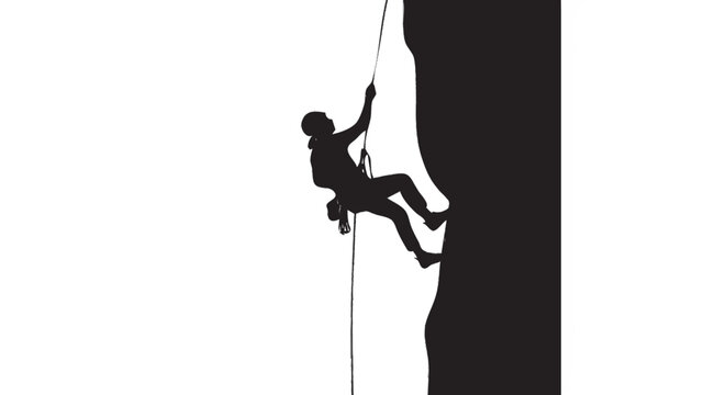 Rock climber rappelling vertical cliff silhouette, mountain extreme sport descent vector isolated on white background