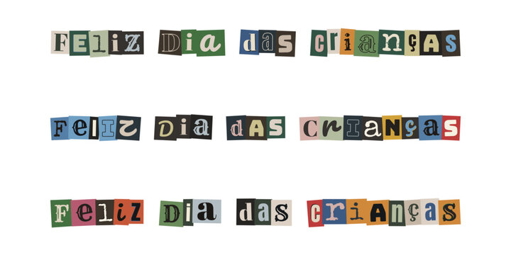 Frase Feliz Dia das Crian&ccedil;as em estilo de recorte de revista e colagem manual colorida